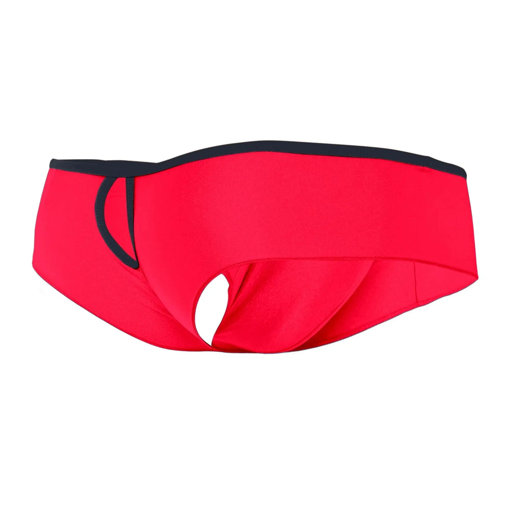 Bright red joe snyder holes mini cheek swim trunks with black trim and distinctive cutout design shown from back