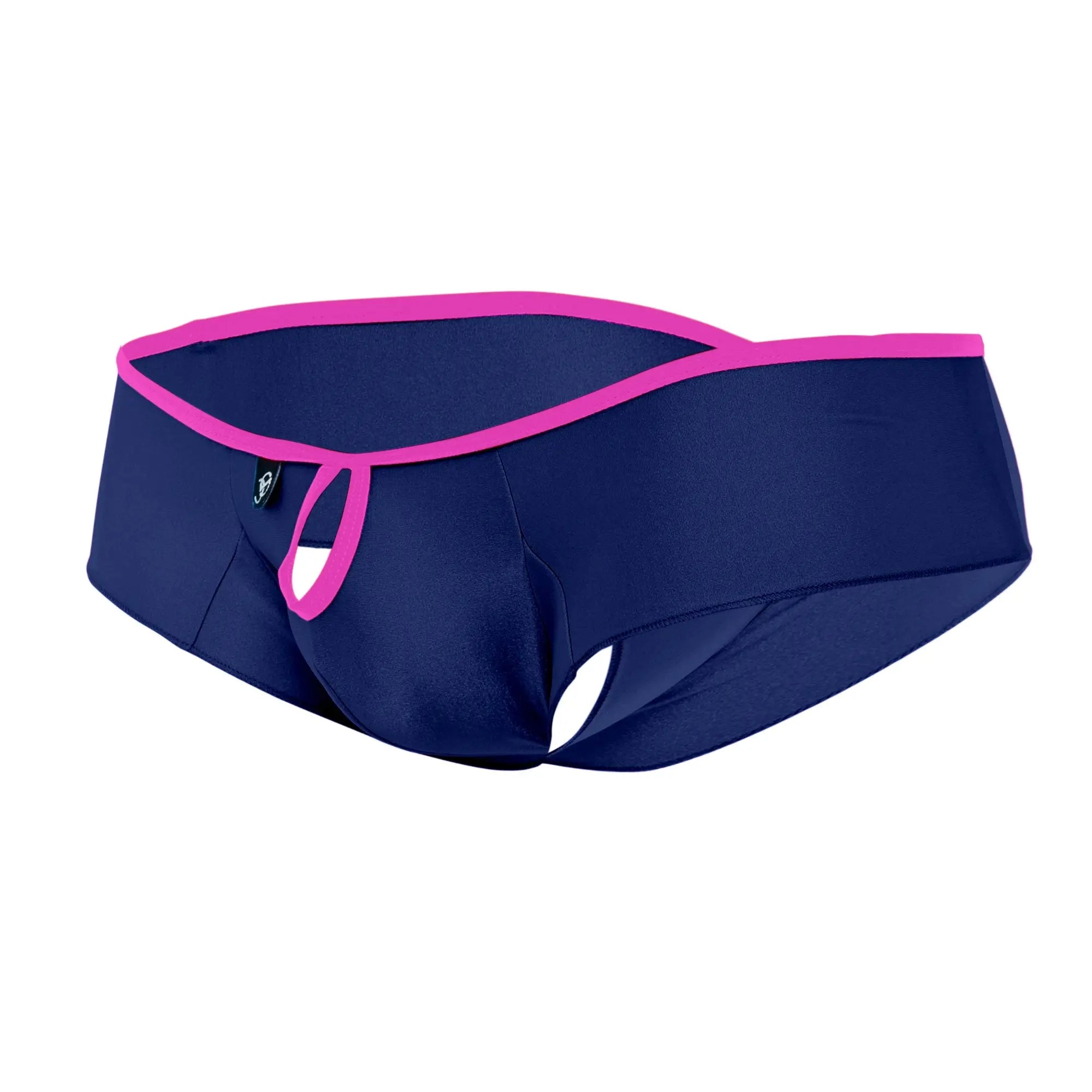 Navy blue joe snyder holes mini cheek men’s briefs with vibrant pink trim and distinctive cutout design visible from the front