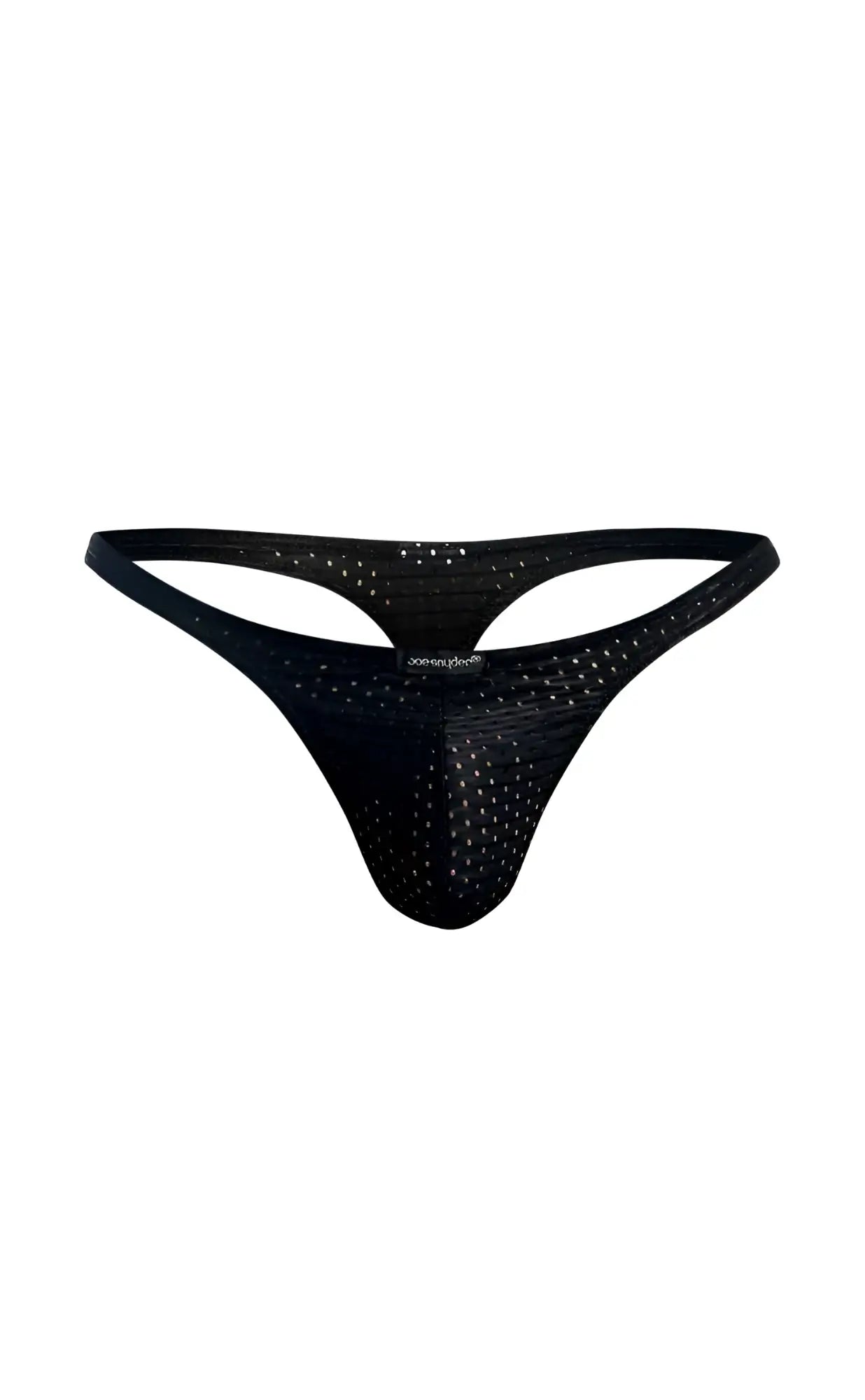 Black mesh joe snyder holes thong with perforated design and jockstrap brand name on waistband shown from back