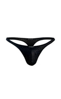 Black mesh joe snyder holes thong with perforated design and jockstrap brand name on waistband visible from the front