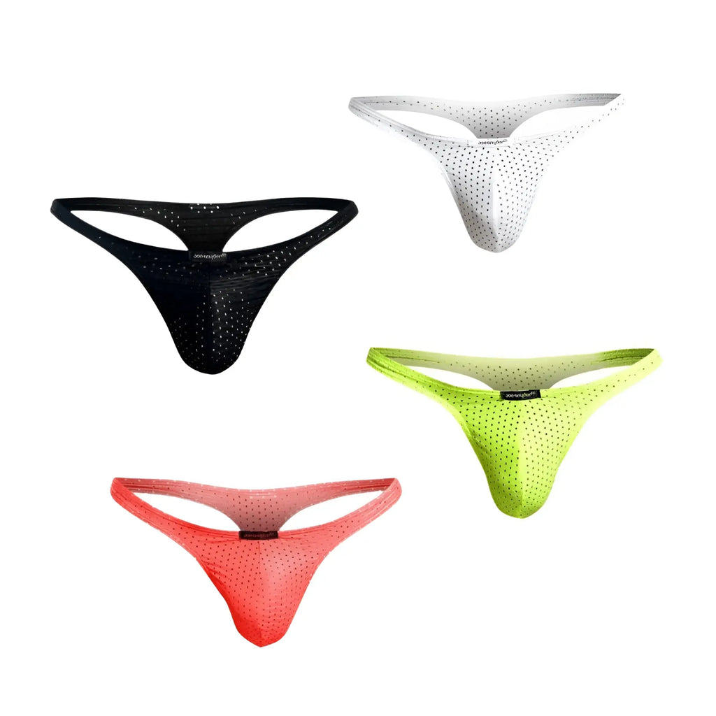 Set of four joe snyder holes thong mesh underwear in black white neon green and coral pink colors