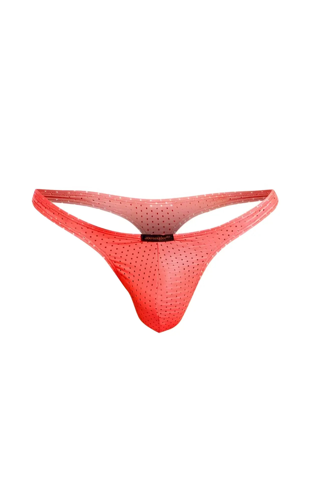 A vibrant coral-colored sheer mesh Joe Snyder Holes thong with a subtle gradient and small perforations throughout