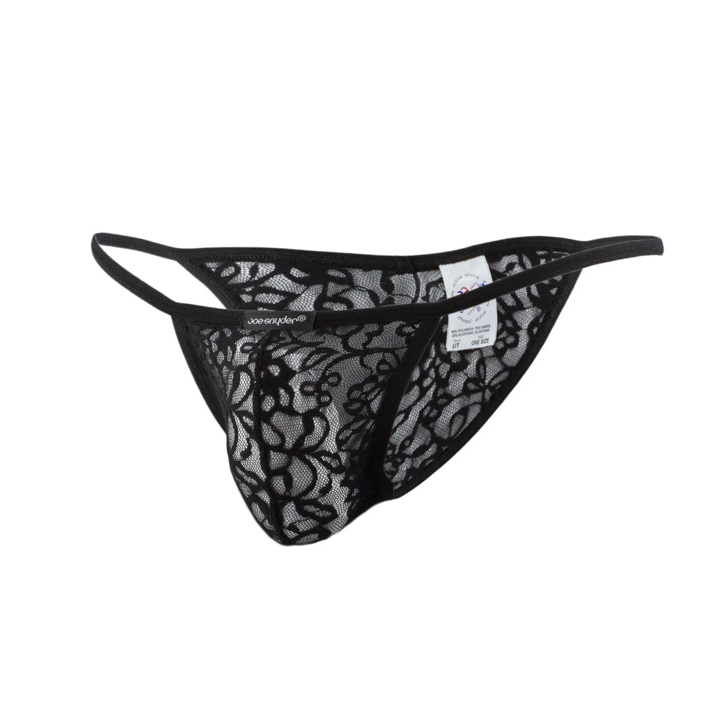 Black lace thong joe snyder kini with intricate floral patterns and thin elastic waistband shown from the back side