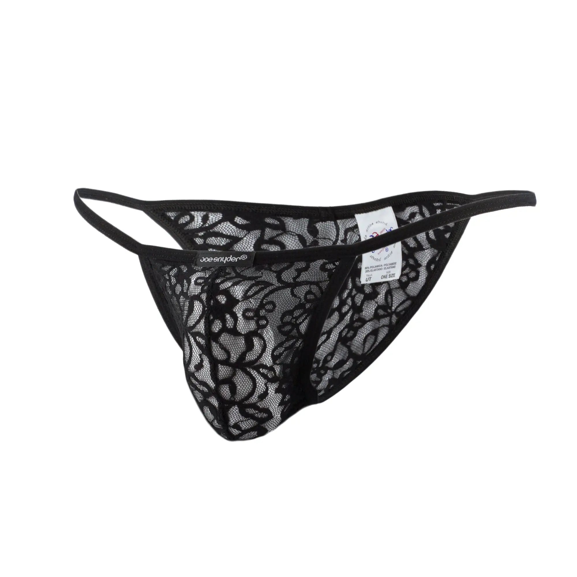 Black lace thong joe snyder kini with intricate floral patterns and thin elastic waistband shown from the back side