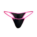 Black mesh thong with vibrant pink trim and subtle logo on the side from joe snyder kini holes collection
