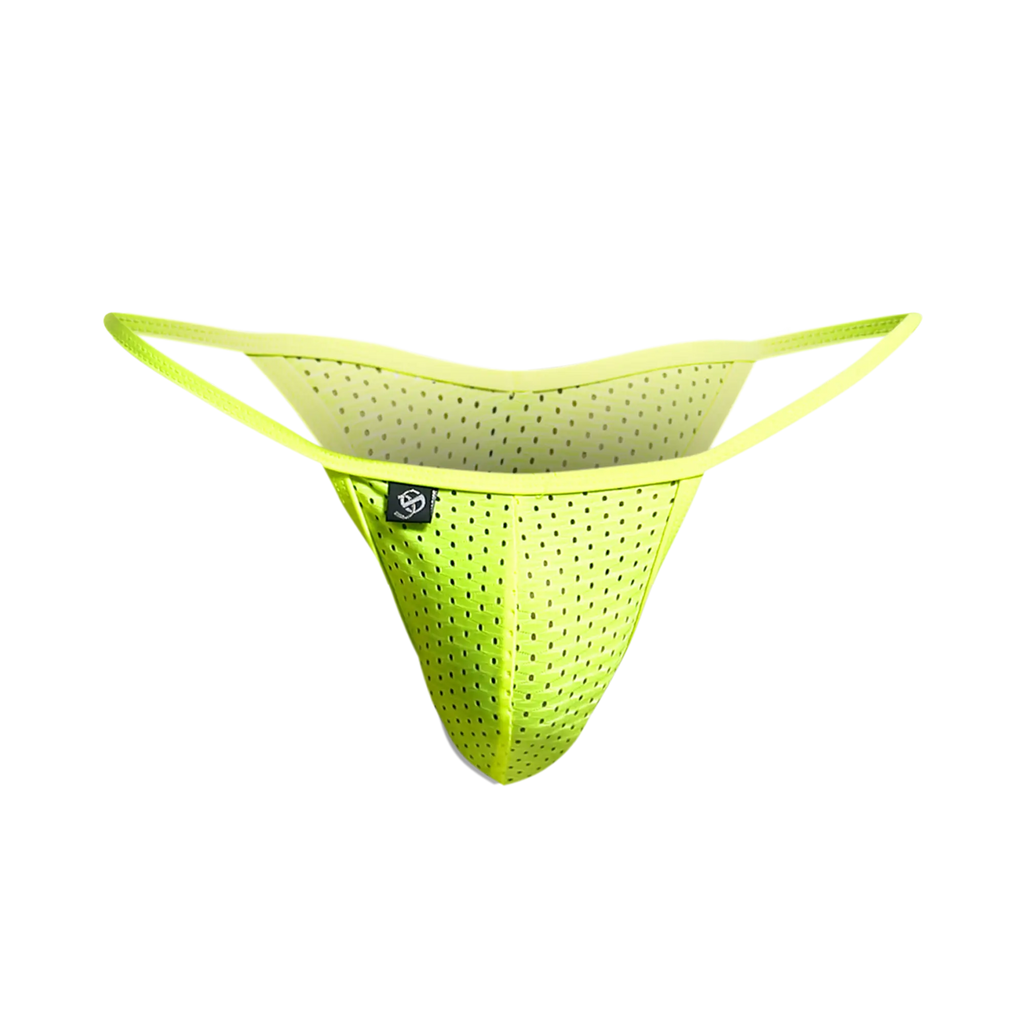 Bright neon green perforated thong with thin elastic straps from Joe Snyder Kini Holes collection