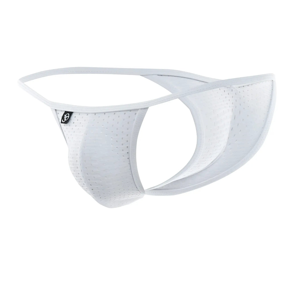 White perforated mesh men’s thong with contoured design and subtle joe snyder branding in the front view