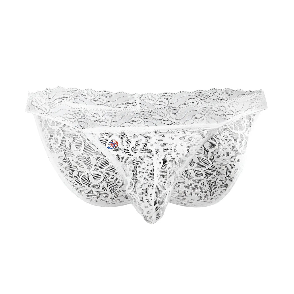 White lace thong low rise bikini brief by joe snyder featuring intricate floral patterns and sheer mesh design