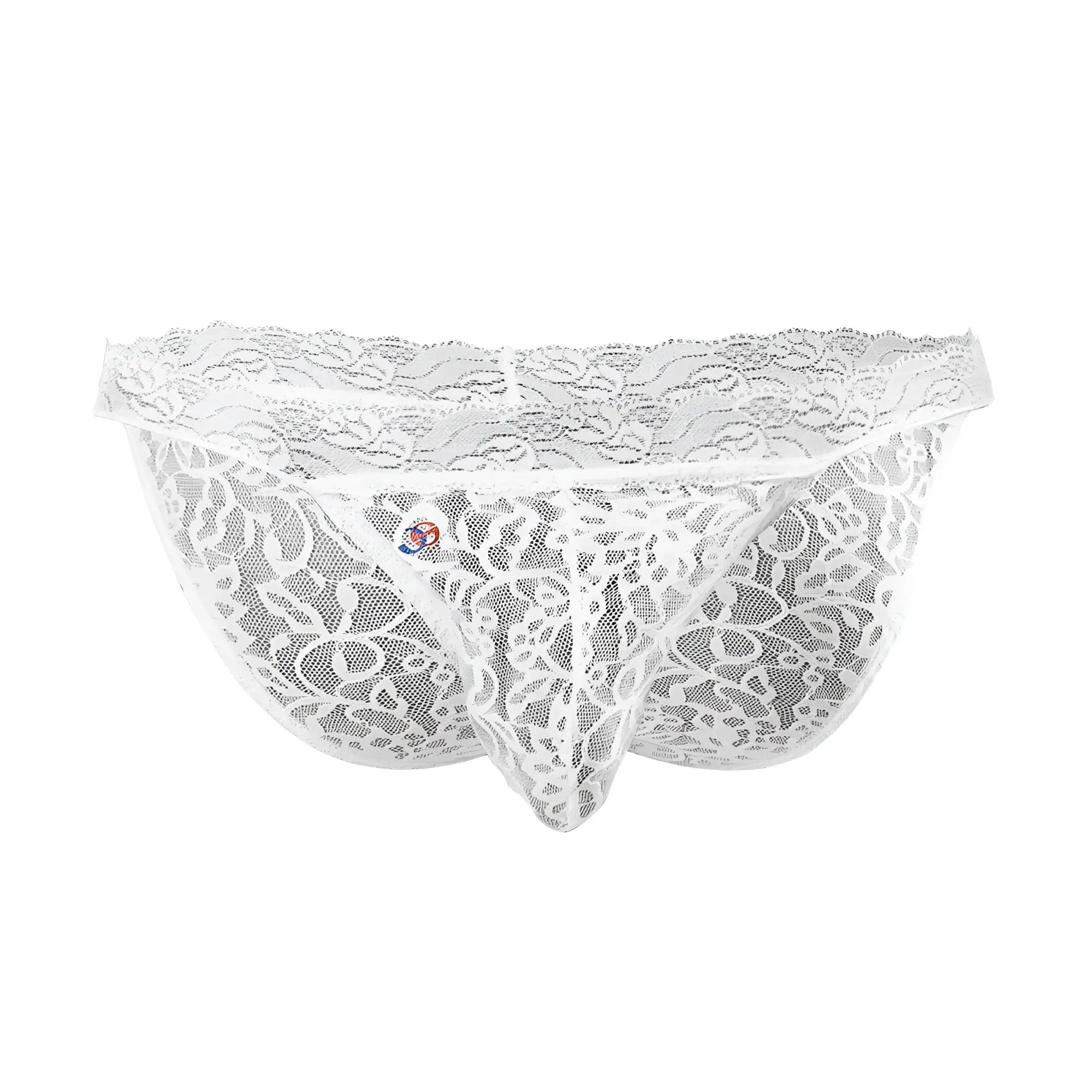 White lace thong bikini brief with intricate floral patterns and sheer mesh design by joe snyder