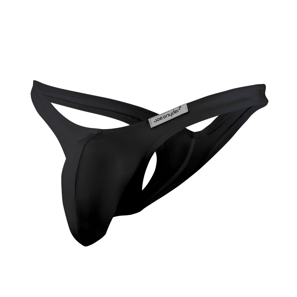 Black joe snyder maxi bulge thong made of smooth black stretchy fabric with sleek minimalist design front view