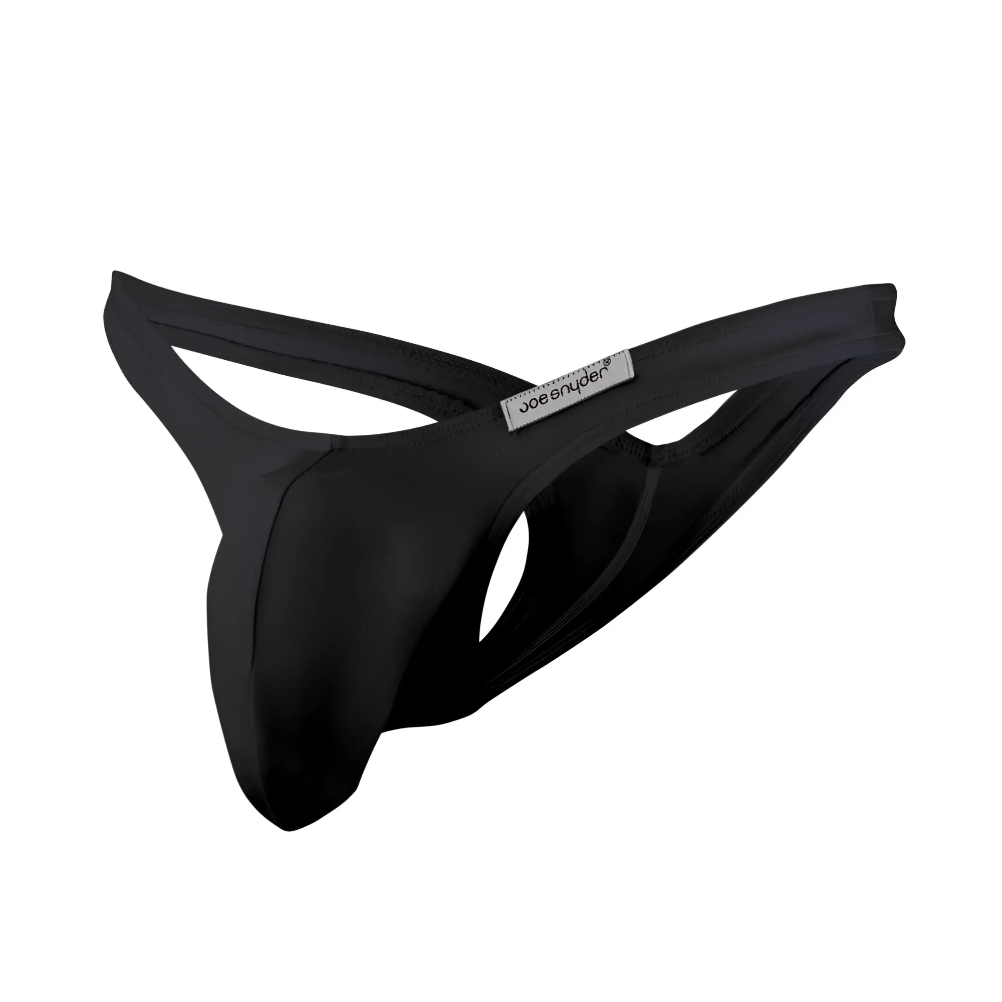 Black joe snyder maxi bulge thong made of smooth black stretchy fabric with sleek minimalist design front view