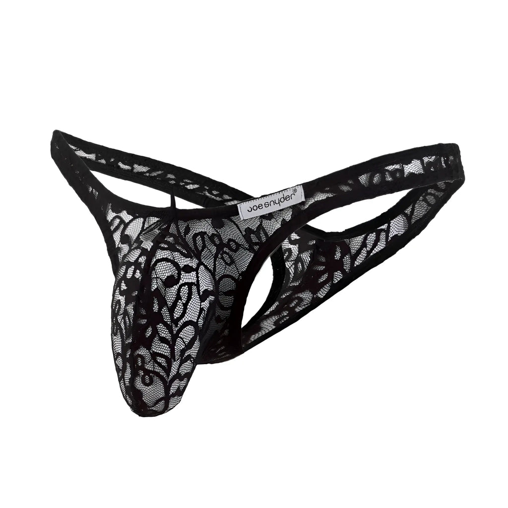Black lace joe snyder maxi bulge thong with intricate floral patterns and branded label visible on front side