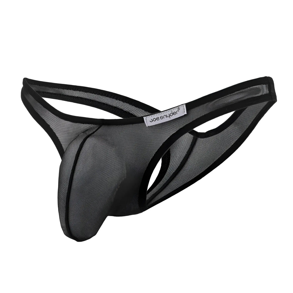 Black mesh Joe Snyder maxi bulge thong with black trim and branded label showing front side of the product