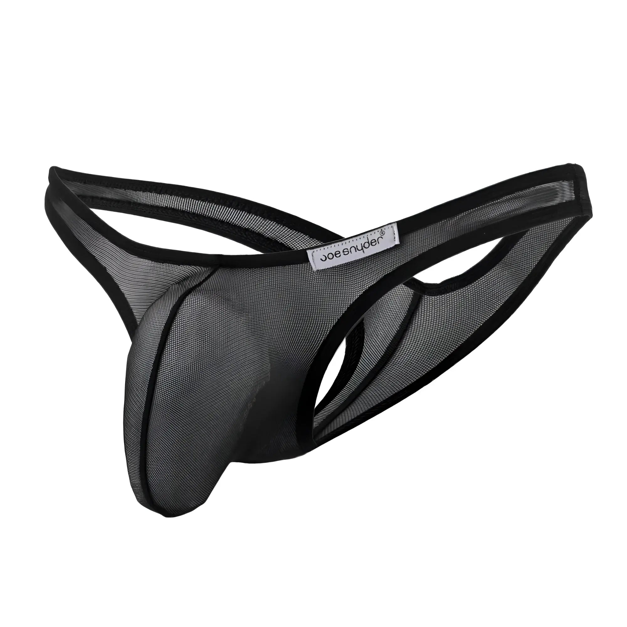 Black mesh Joe Snyder maxi bulge thong with black trim and branded label showing front side of the product