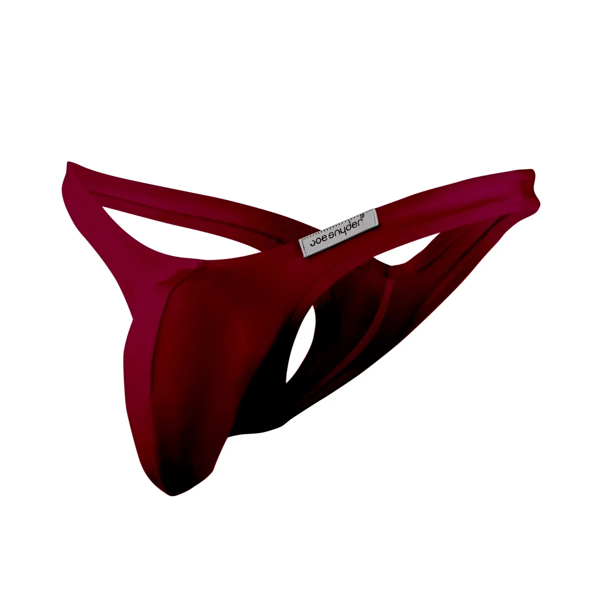 Deep red satin-like fabric joe snyder maxi bulge thong with sleek contoured design and brand label visible