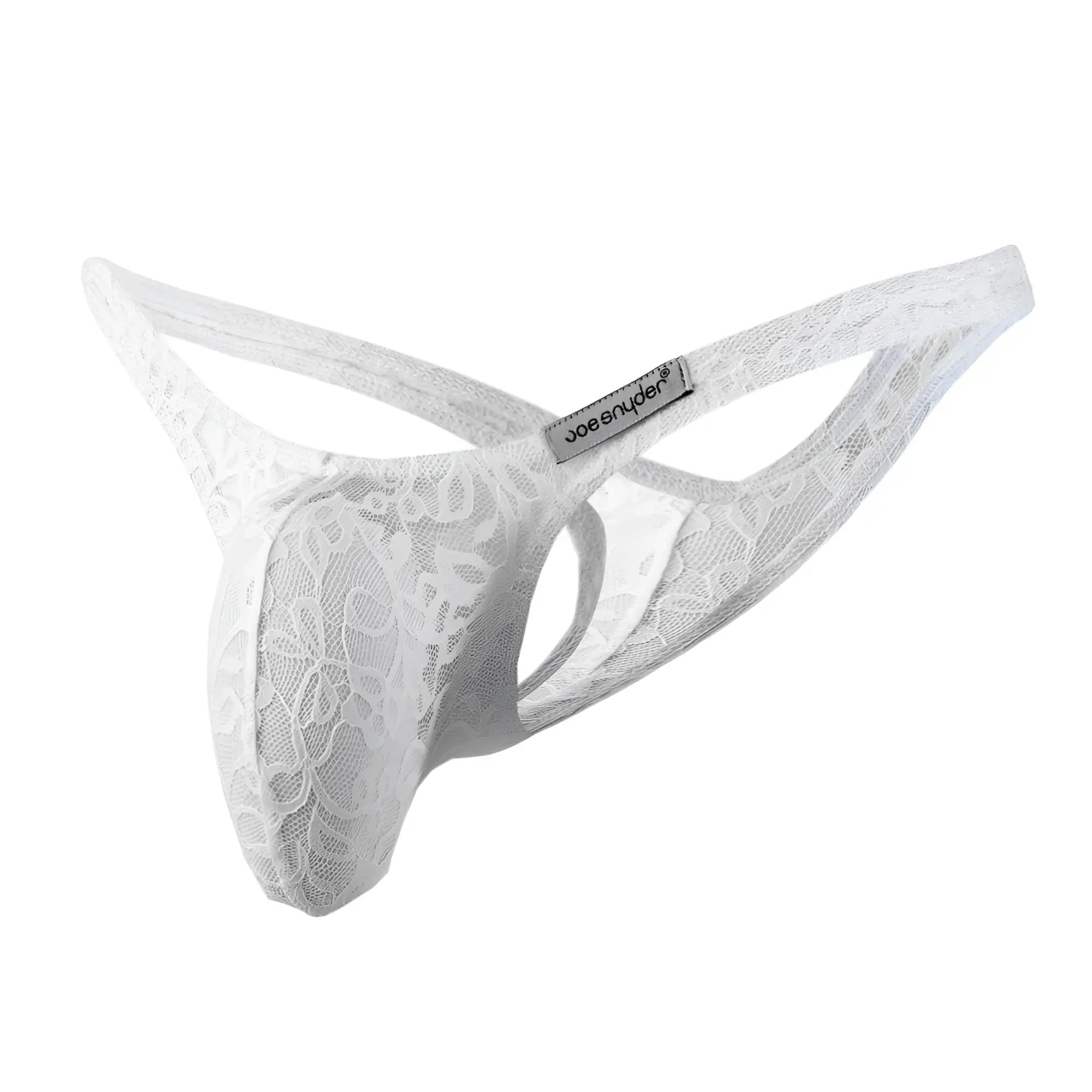 White lace thong with floral pattern and brand tag reading joe snyder from the joe snyder maxi bulge thong collection