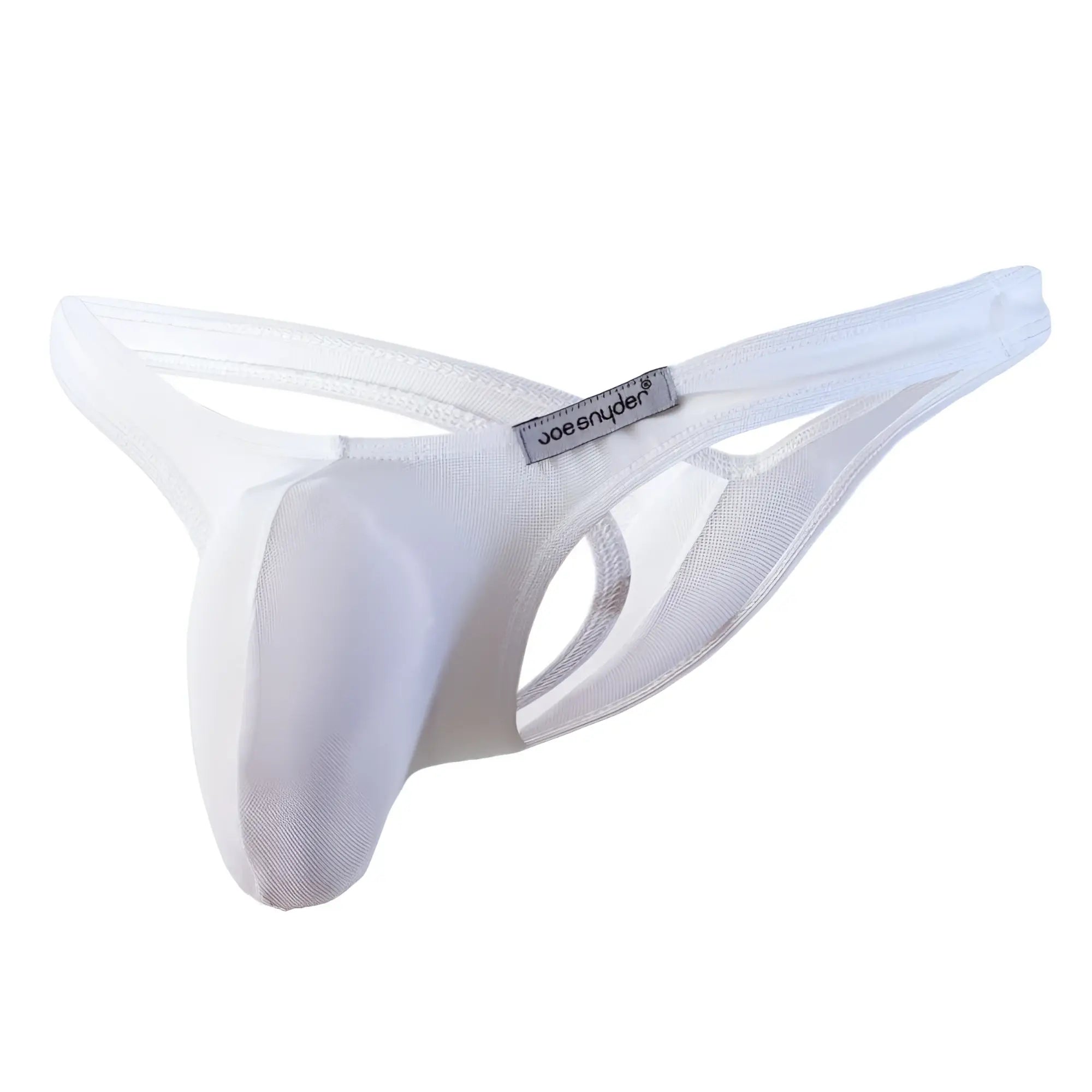 White joe snyder maxi bulge thong made of smooth stretchy fabric with supportive design shown from the back side