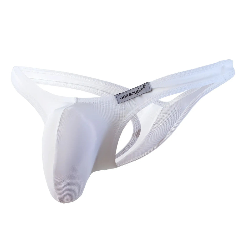 White joe snyder maxi bulge thong made of smooth stretchy fabric with a supportive design shown from the front