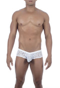 White lace men’s Joe Snyder Maxibulge Cheek underwear with intricate floral pattern and central pouch design