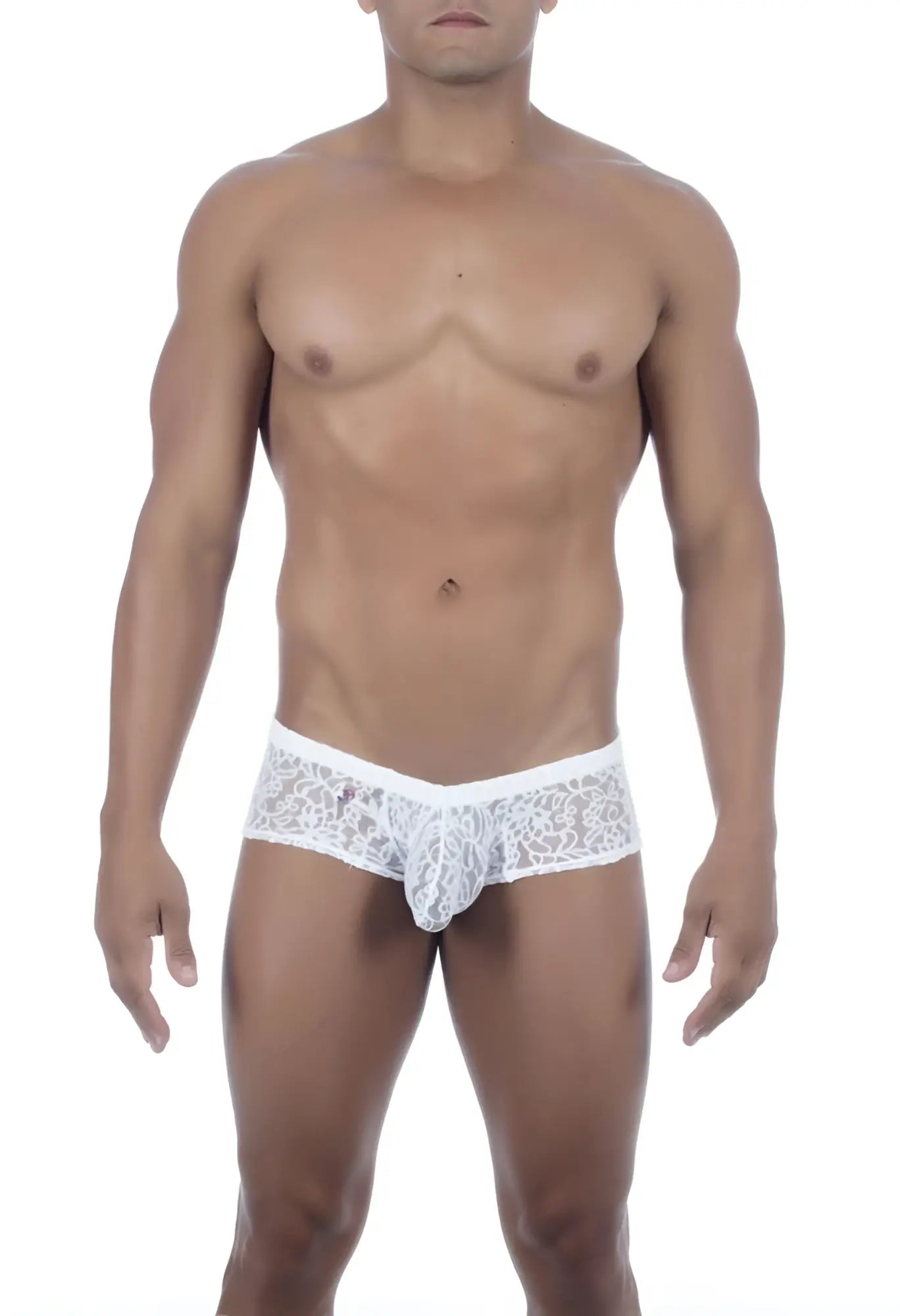 White lace men’s Joe Snyder Maxibulge Cheek underwear with intricate floral pattern and central pouch design