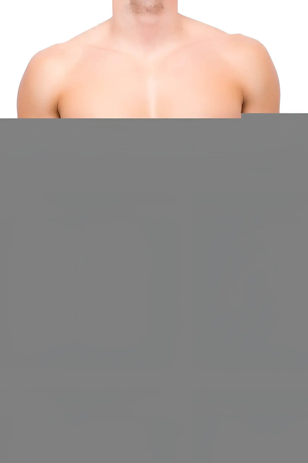 A man showing his muscular upper torso wearing a joe snyder mini cheek underwear in black against white background