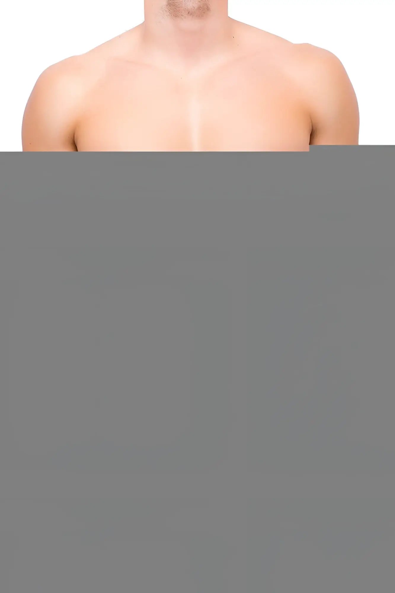 A man showing his muscular upper torso wearing a joe snyder mini cheek underwear in black against white background