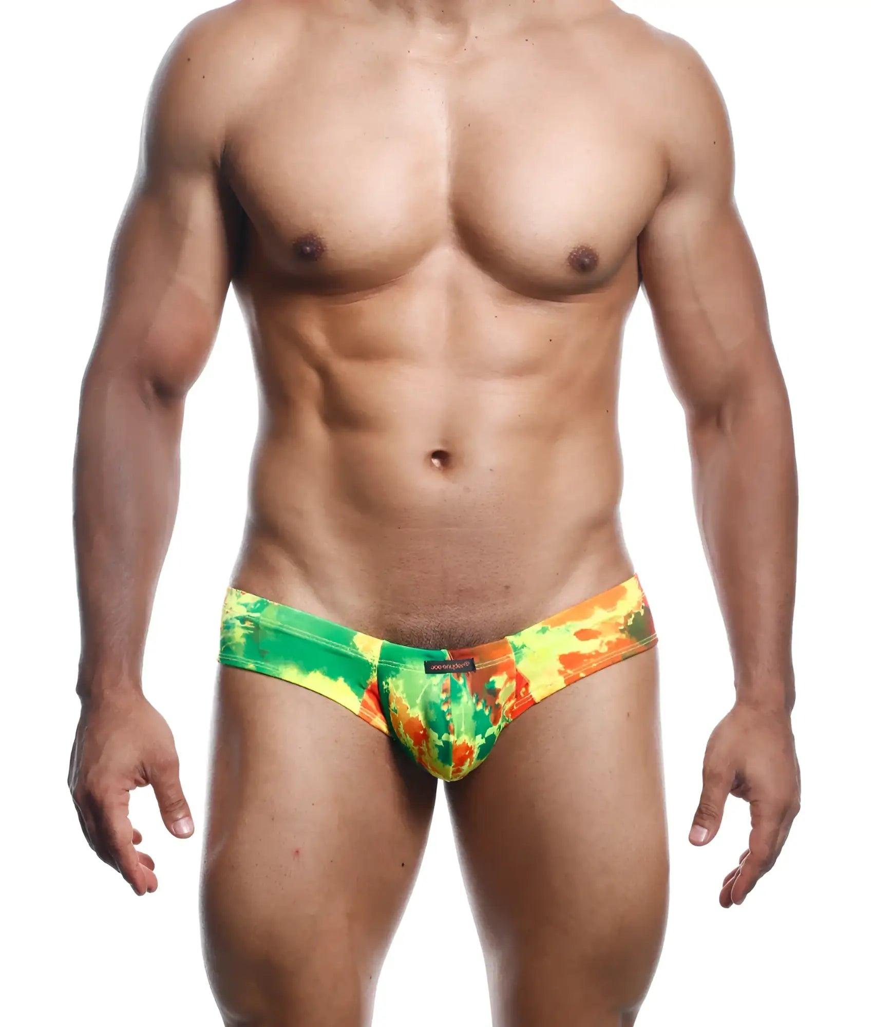 Joe Snyder Mini Cheek vibrant green and orange tie dye swim trunks with bold abstract pattern for beachwear