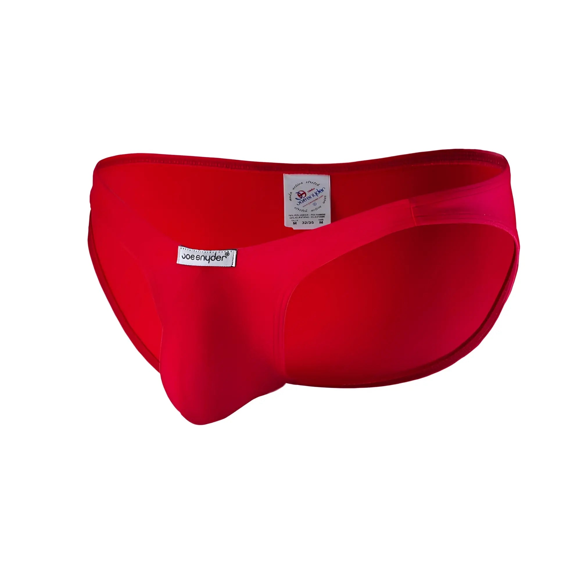 Bright red form-fitting polyester swim trunks by joe snyder featuring a bulge full bikini design