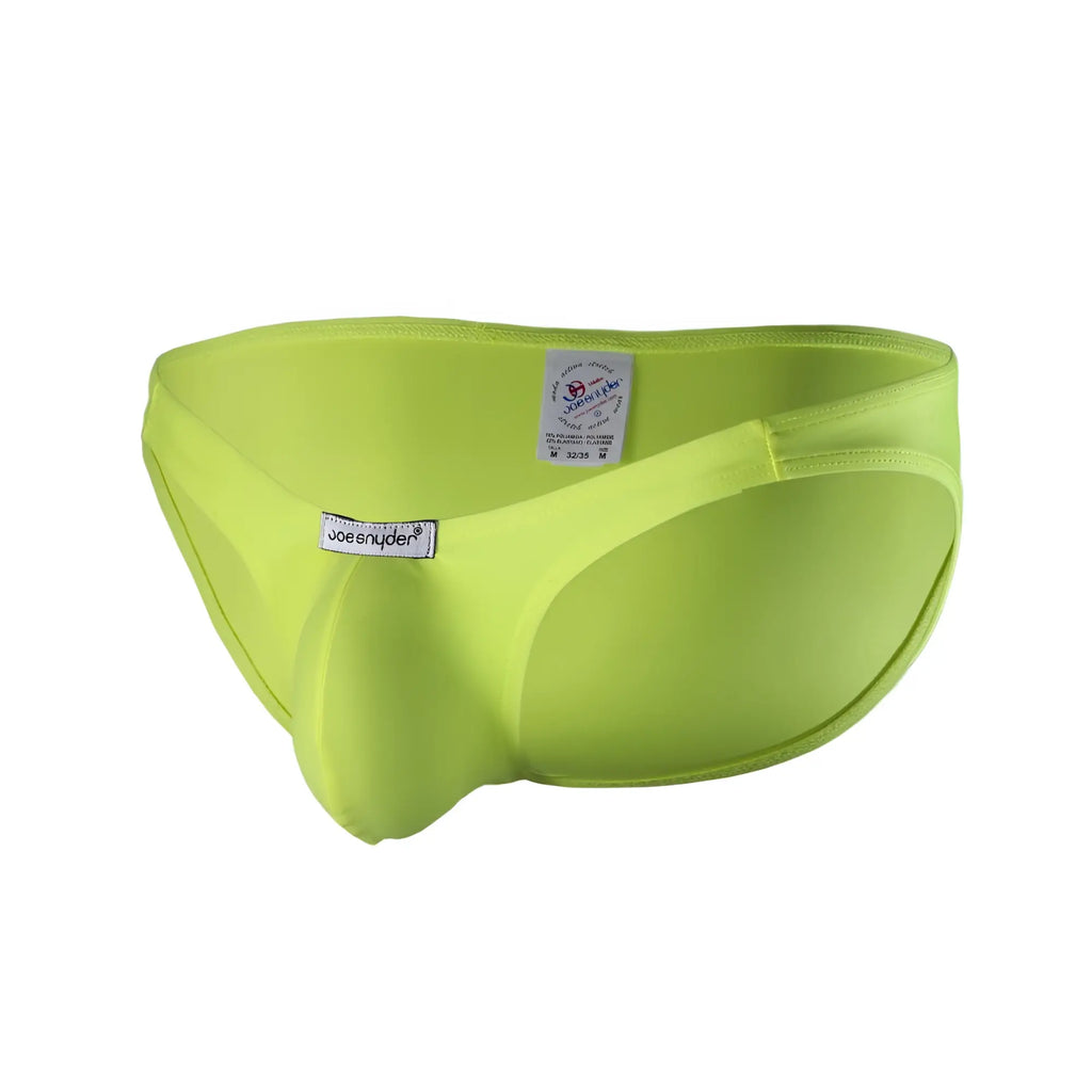 Lime green joe snyder polyester bulge full bikini briefs with smooth form fitting fabric and central pouch design