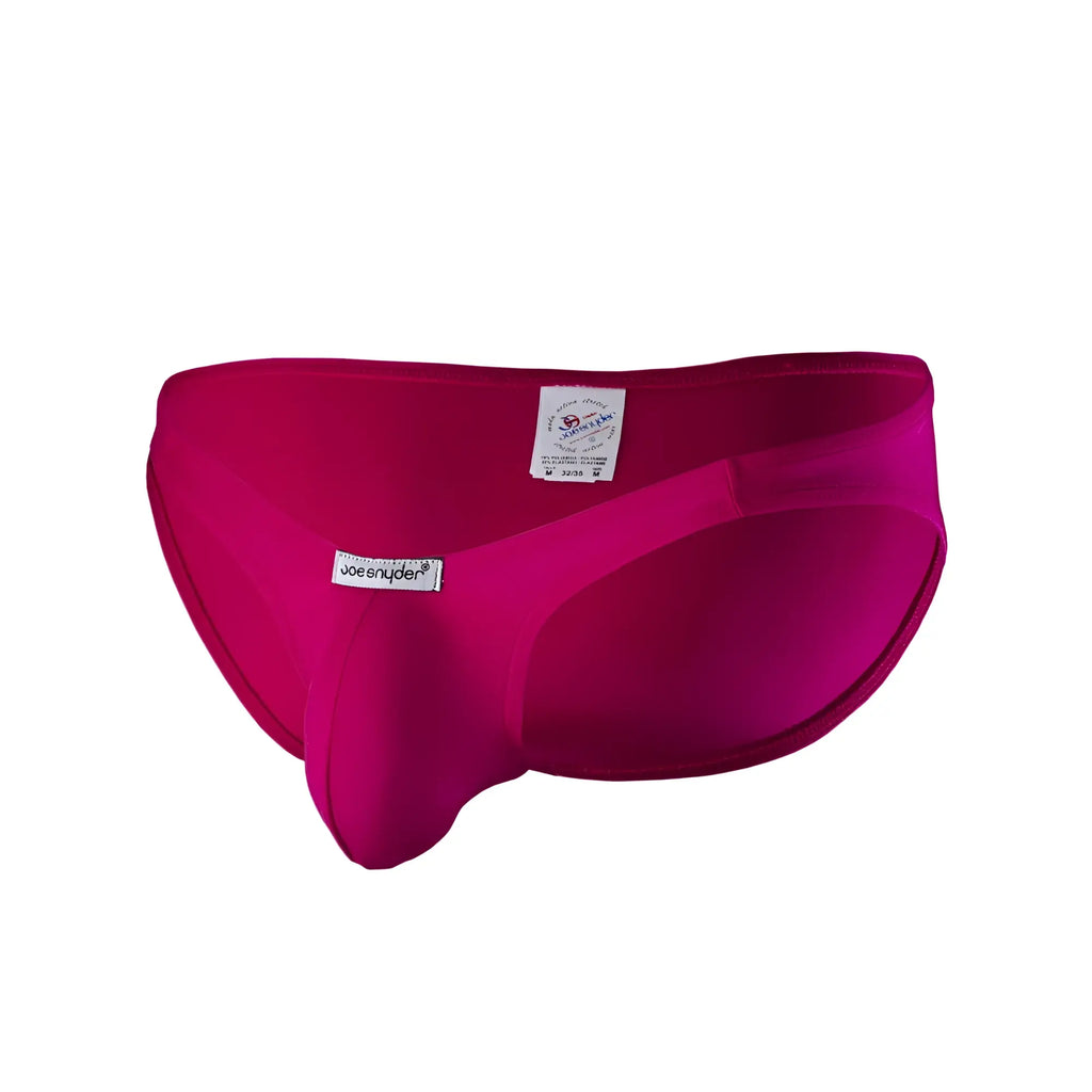 Joe Snyder polyester bulge full bikini swim trunks in bright fuchsia with sleek form fitting design for men