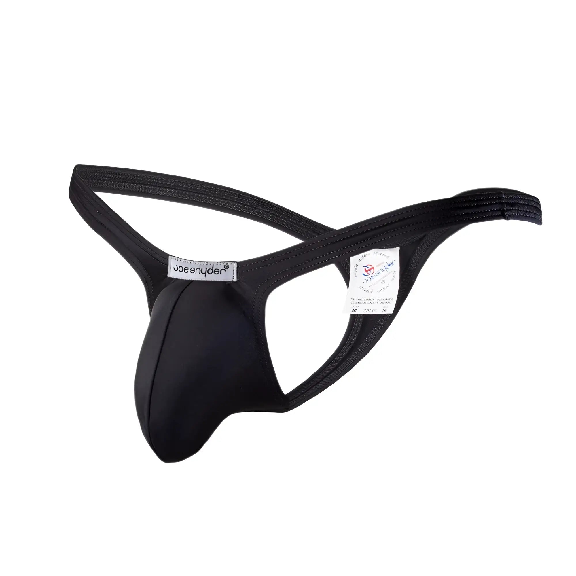 Black joe snyder polyester bulge tanga thong made of smooth stretchy fabric with a supportive contoured design