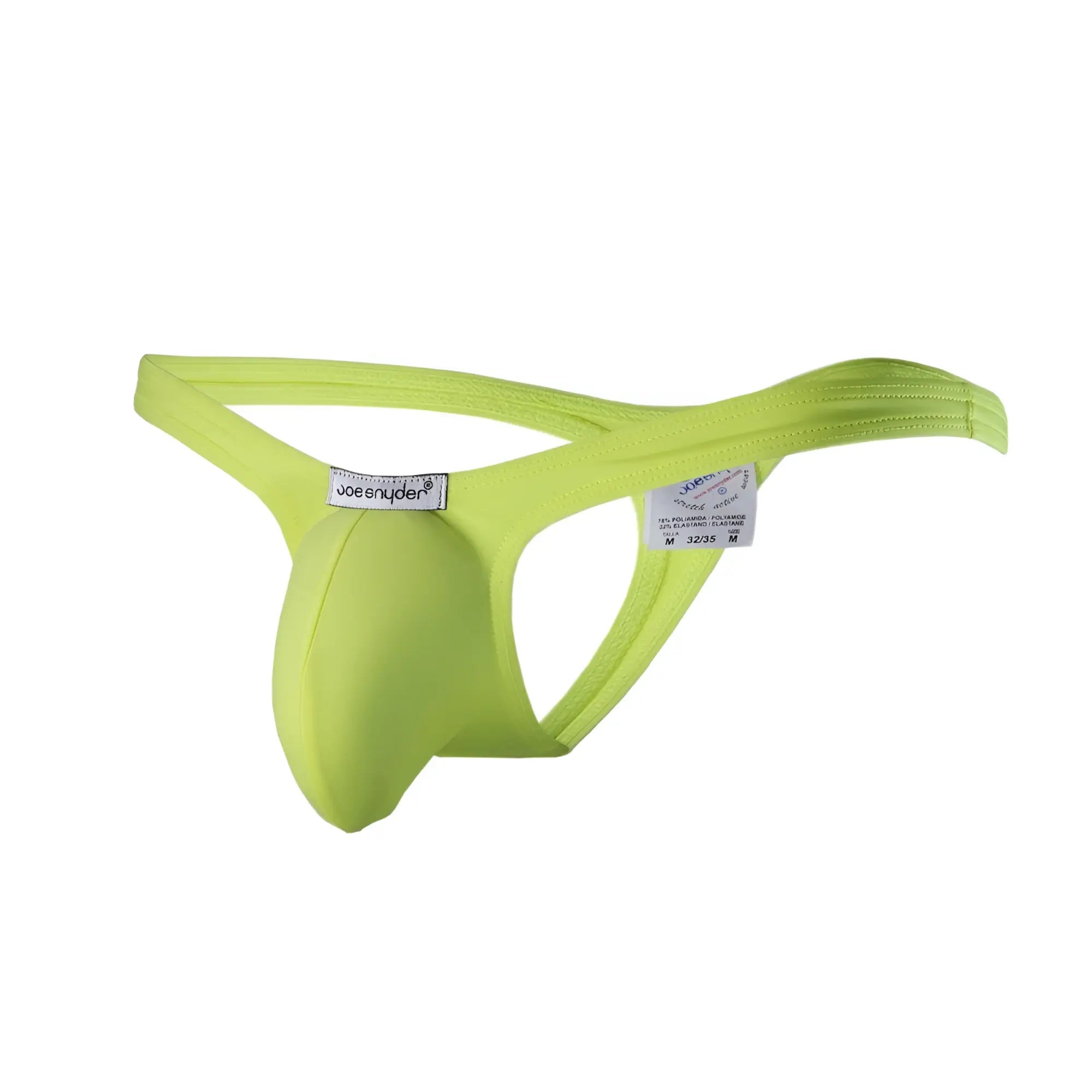 Bright lime green joe snyder polyester bulge tanga thong with stretchy fabric and supportive contoured design