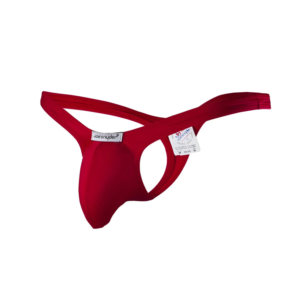 Red joe snyder thong made of stretchy polyester fabric with supportive contoured design front view
