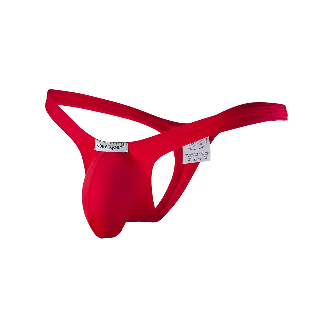 Joe snyder polyester bulge tanga red thong made of stretchy fabric with supportive contoured design front view