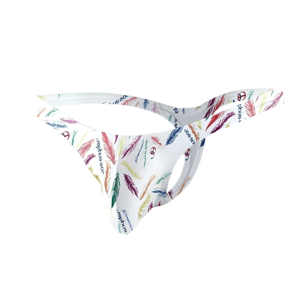 White thong featuring colorful feather pattern with repeating phue text and logo joe snyder polyester bulge tanga
