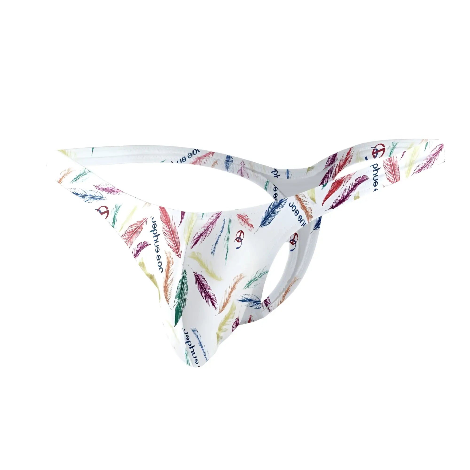 White thong with colorful feather pattern and repeating phue text logo made of polyester by joe snyder bulge tanga