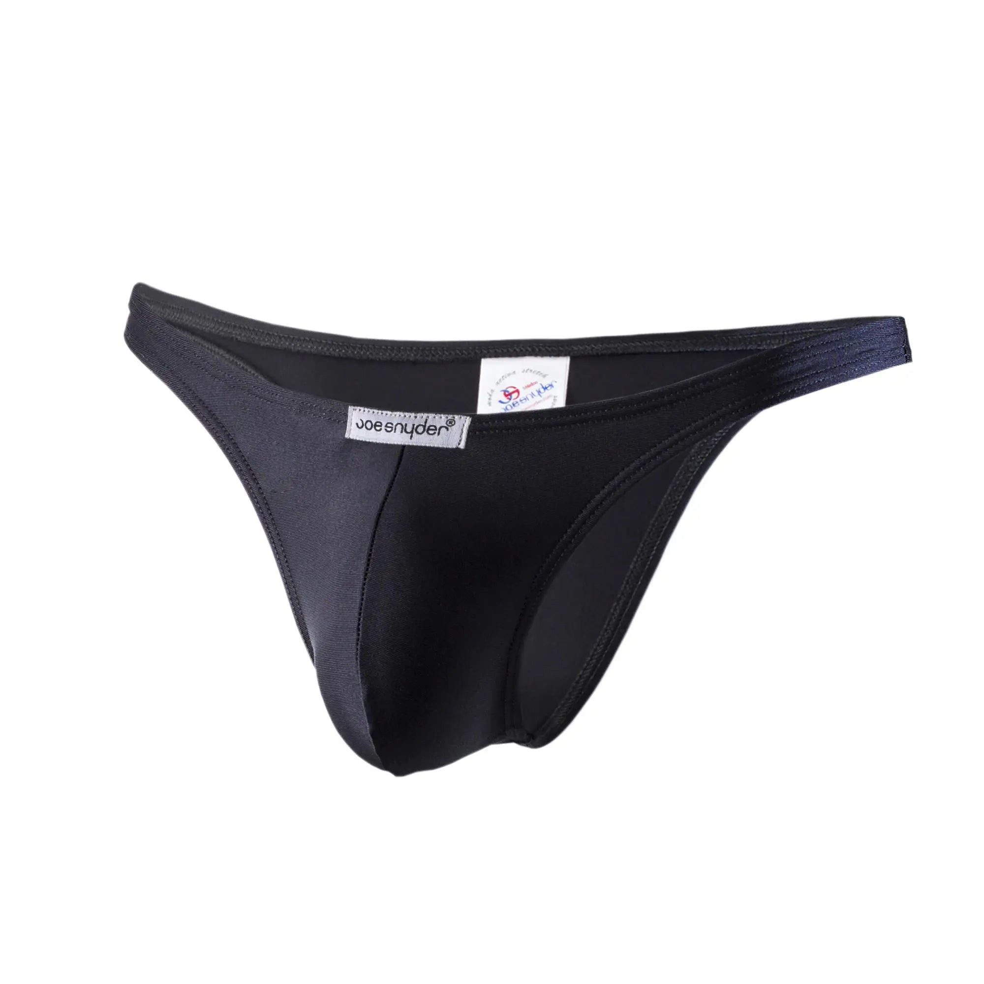 Black joe snyder polyester thong with smooth form-fitting design and elastic waistband shown from the back side