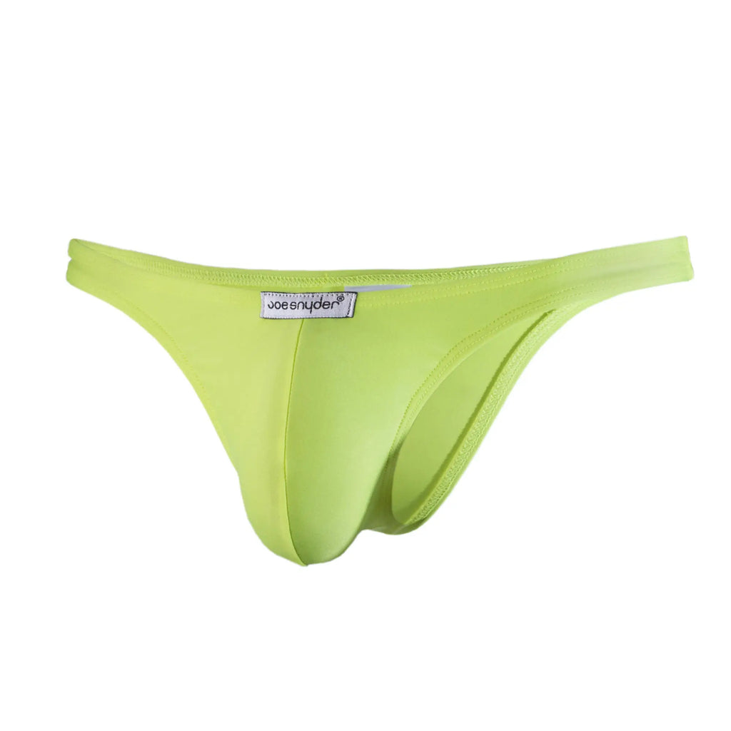Bright lime green joe snyder thong made of smooth stretchy fabric with sleek form-fitting design for comfortable wear
