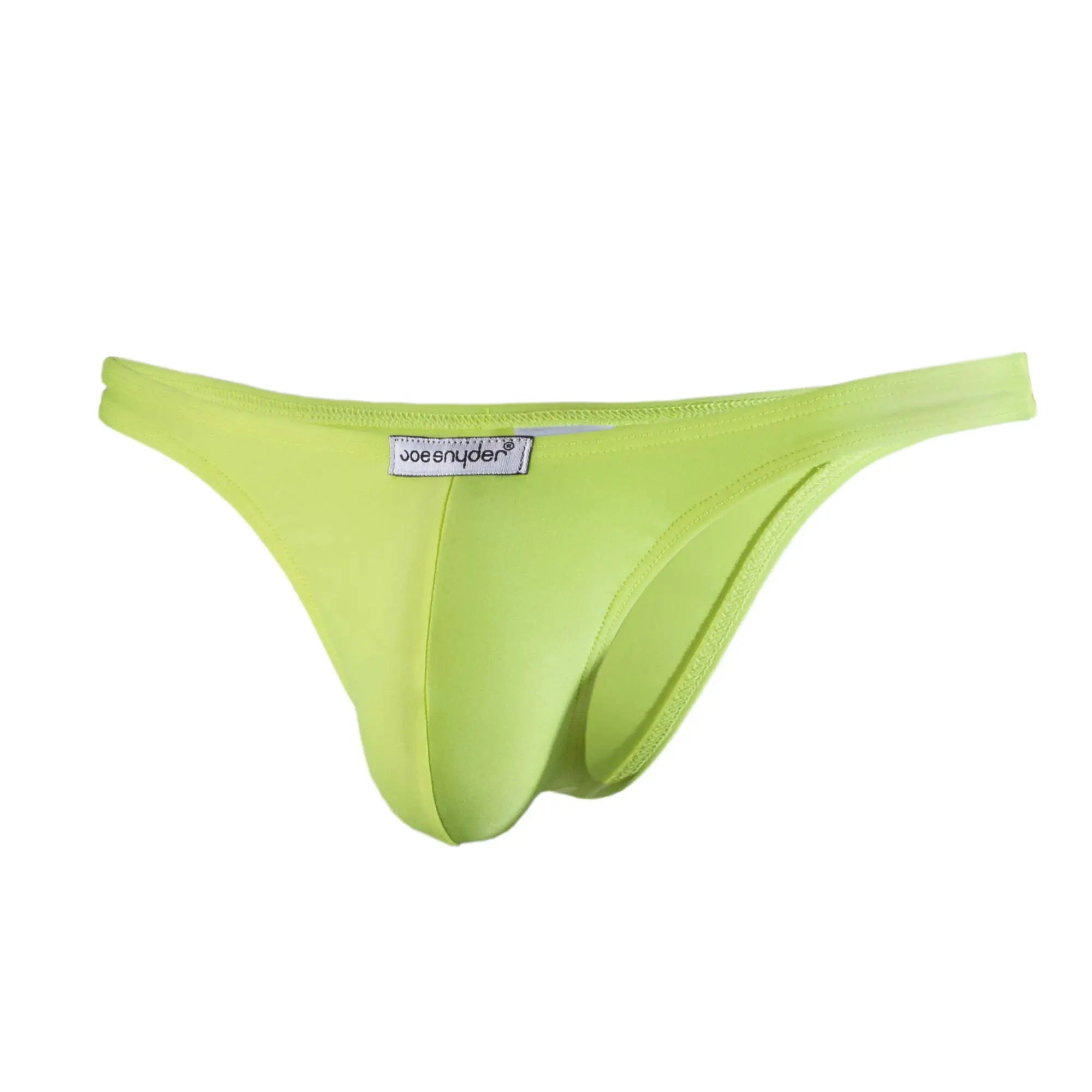 Bright lime green joe snyder thong made of smooth stretchy fabric with a sleek form fitting design shown from the back