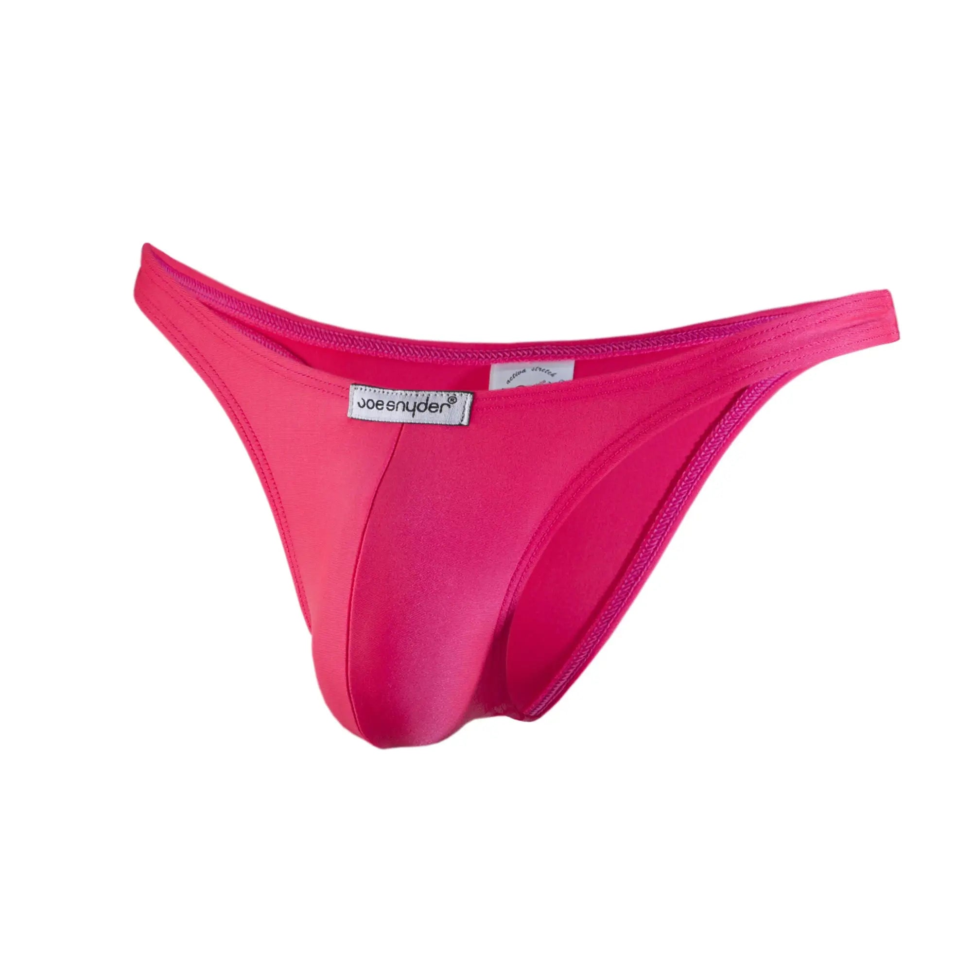 Bright pink joe snyder thong made of smooth stretchy polyester fabric with a sleek form-fitting design back side