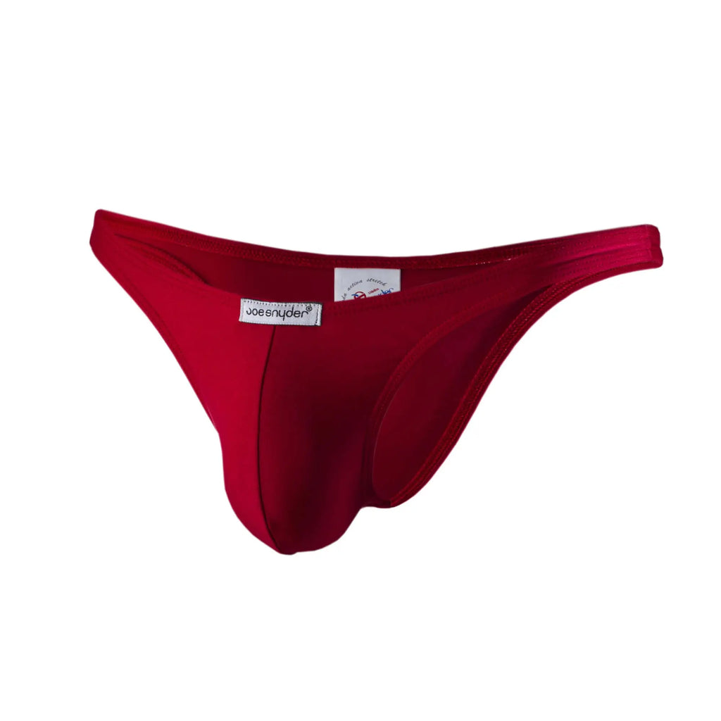 Red joe snyder thong made of smooth satin fabric with a sleek form fitting design shown from the back side