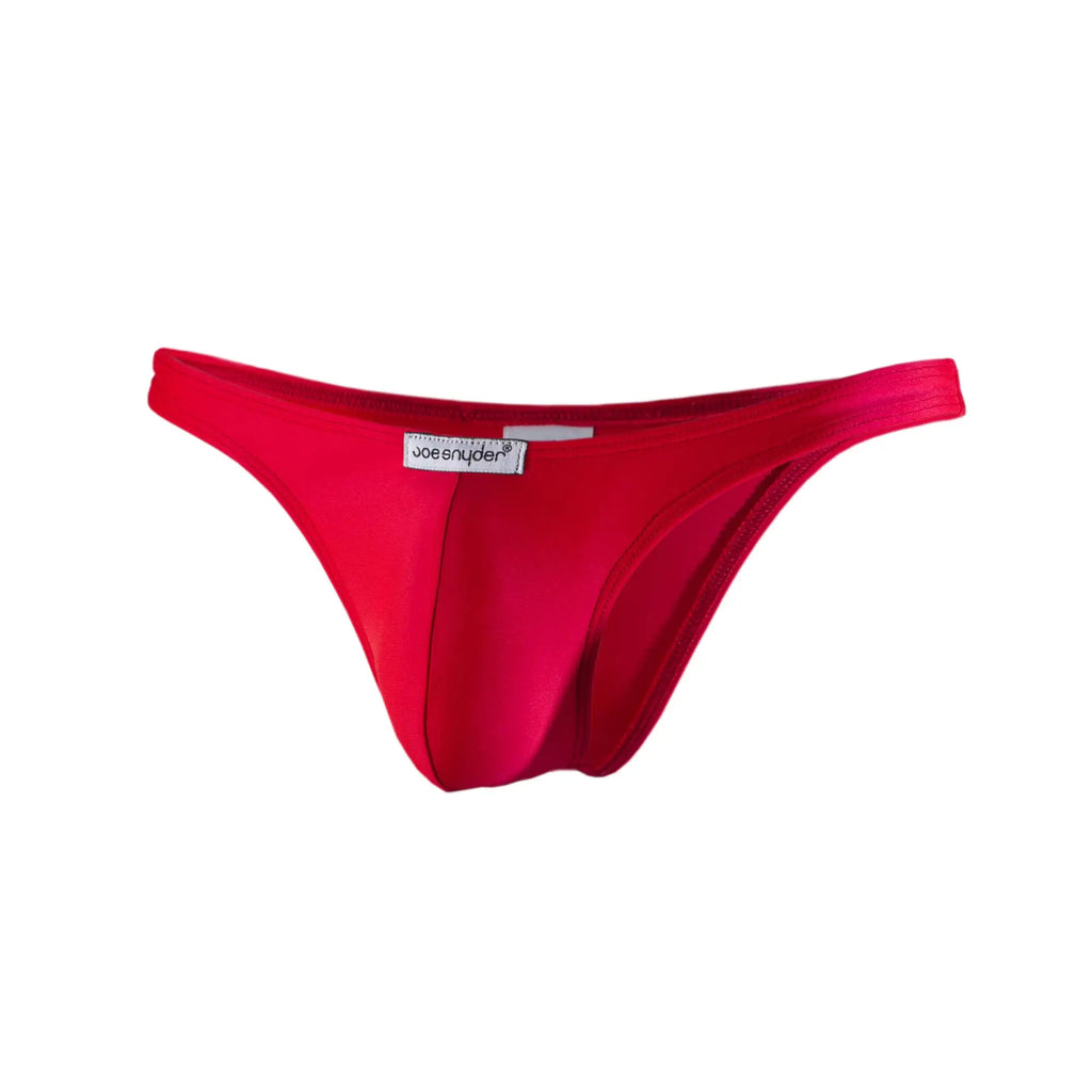 Vibrant red joe snyder polyester capri with smooth stretchy fabric and minimalist thong design shown from the back