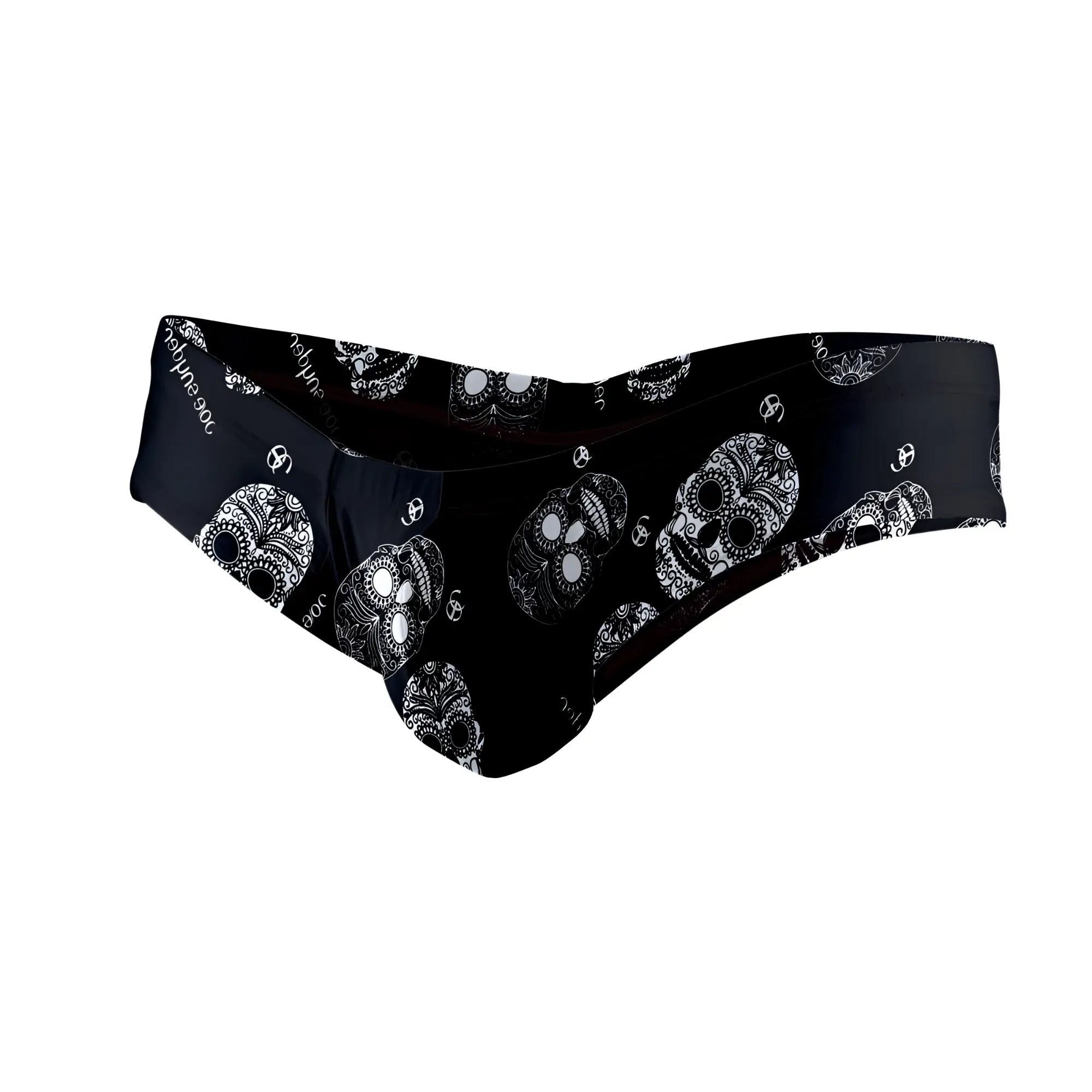 Black polyester joe snyder mini cheek swim trunks with a bold white sugar skull pattern front view