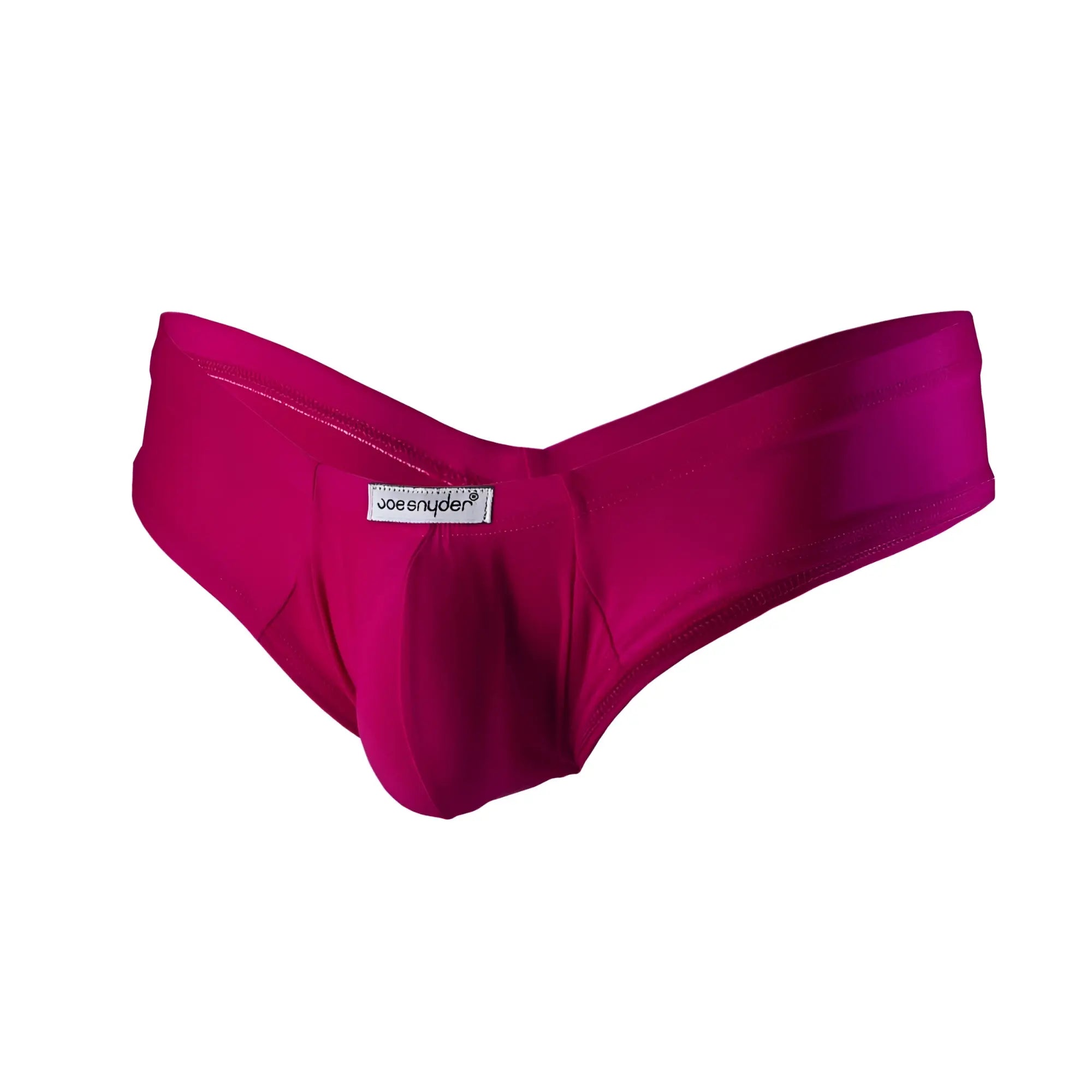 Fuchsia satin joe snyder mini cheek briefs made of polyester showing the back side of the underwear