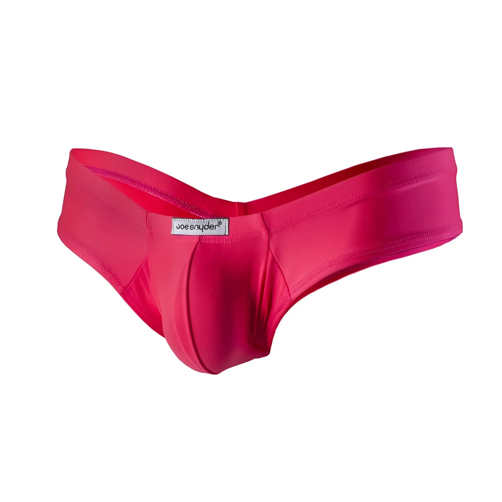 Vibrant pink joe snyder polyester mini cheek men’s briefs with smooth stretchy fabric and sleek contoured design visible from back