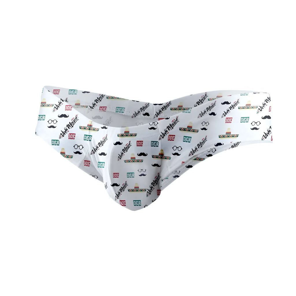 White men’s polyester mini cheek briefs by joe snyder featuring a playful pattern of sombreros mustaches and glasses