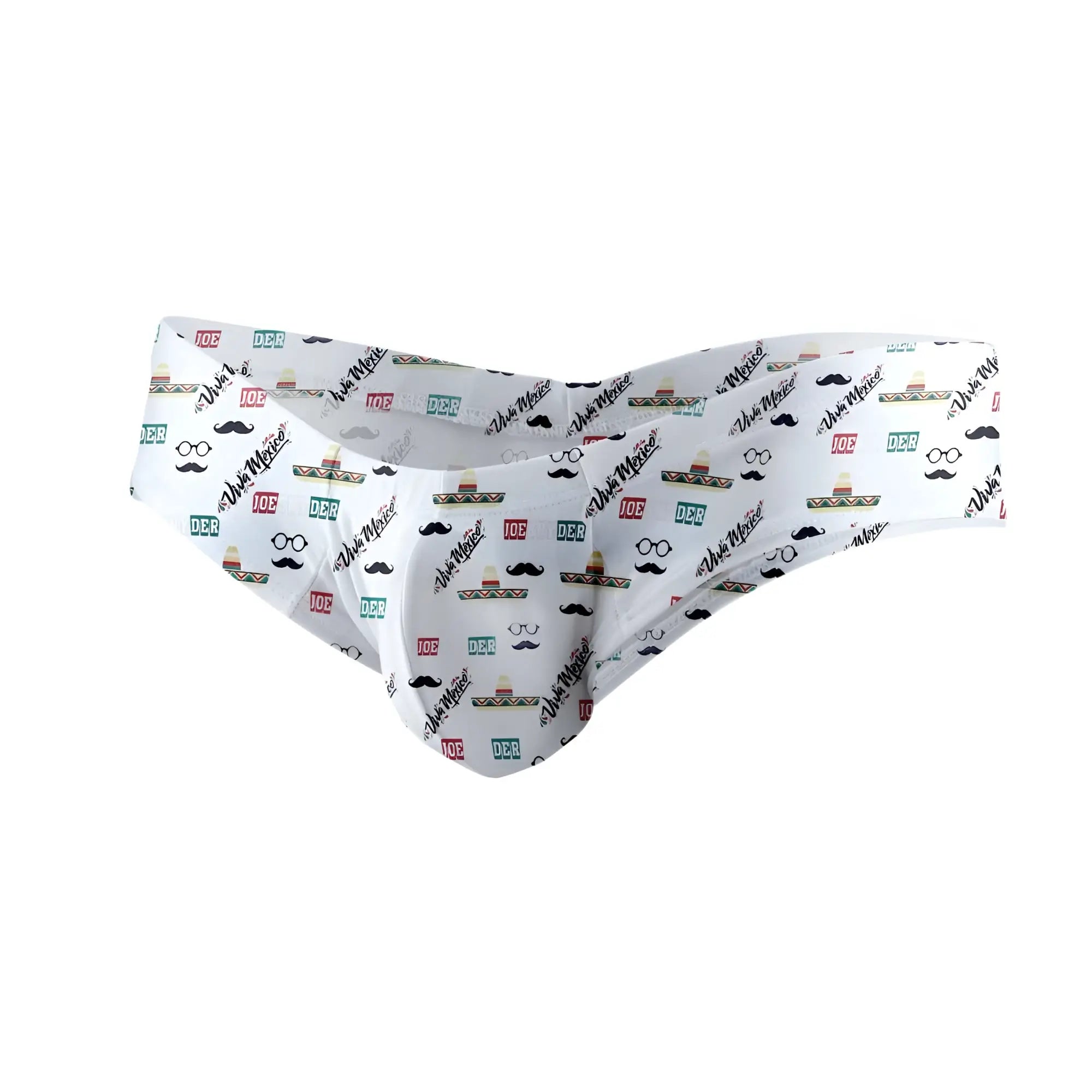White men’s polyester mini cheek briefs by joe snyder featuring a playful pattern of sombreros mustaches and glasses