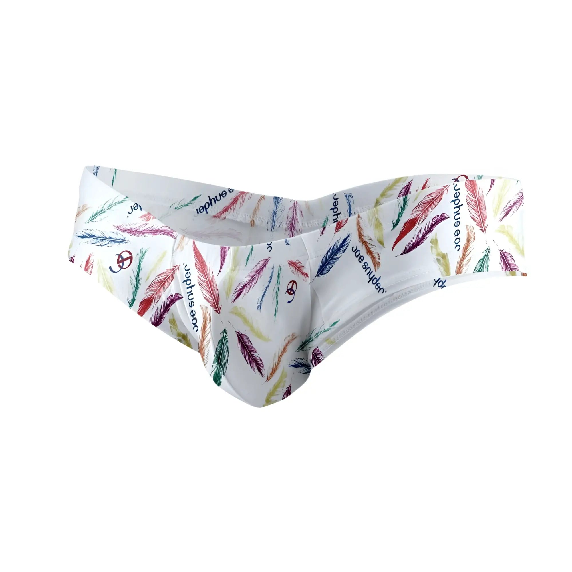 White joe snyder polyester mini cheek briefs with vibrant multicolored feather pattern and repeating logo design