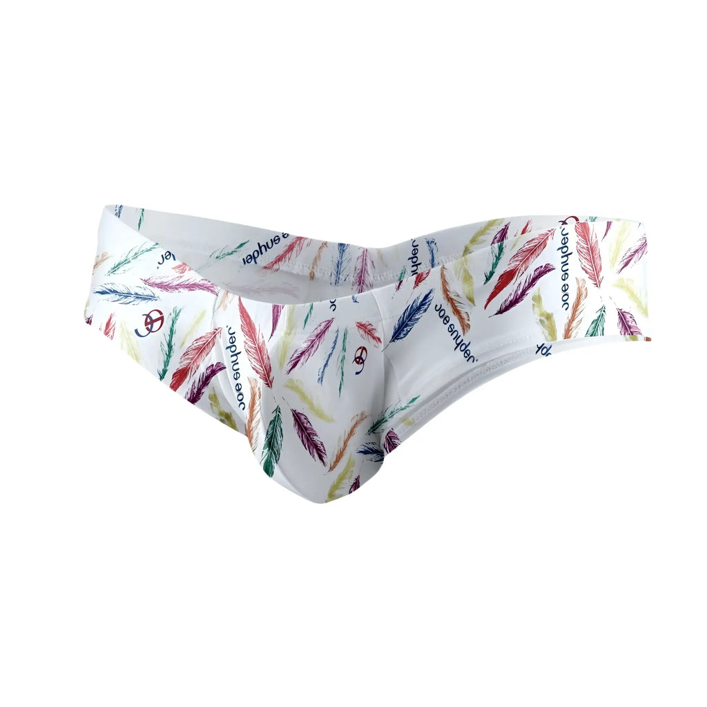 White polyester mini cheek briefs with vibrant multicolored feather pattern and repeating joe snyder logo and text