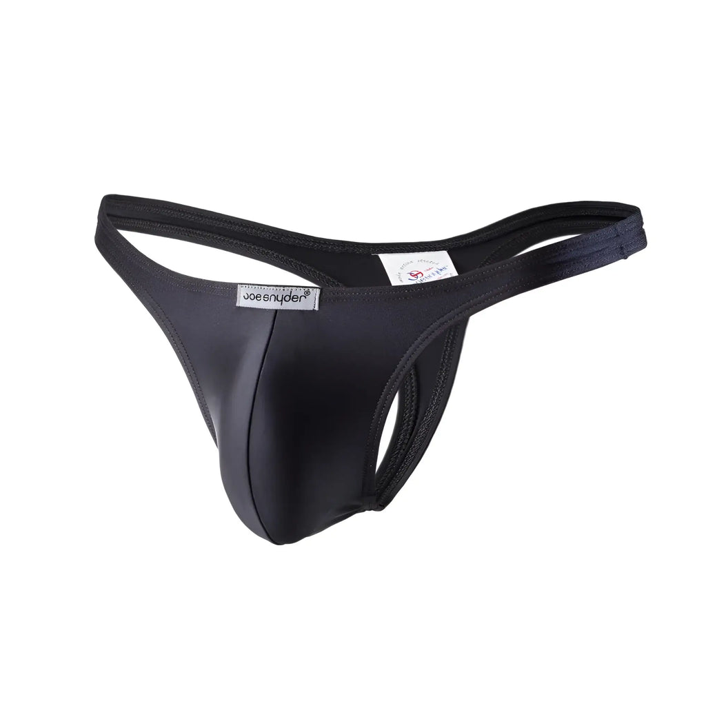Black joe snyder polyester thong made of smooth stretchy fabric with a sleek form-fitting design